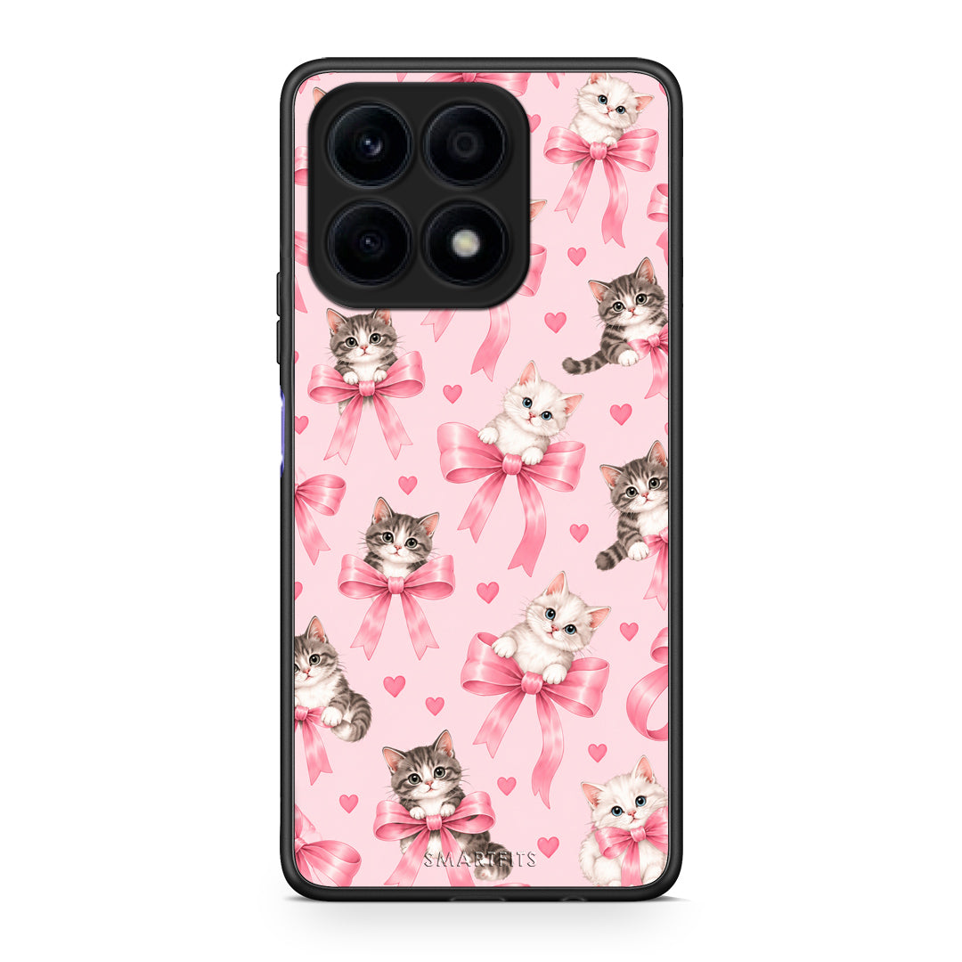 Θήκη Honor X8a Kittens and Pink Bows on Pink από τη Smartfits με σχέδιο στο πίσω μέρος και μαύρο περίβλημα | Honor X8a Kittens and Pink Bows on Pink case with colorful back and black bezels