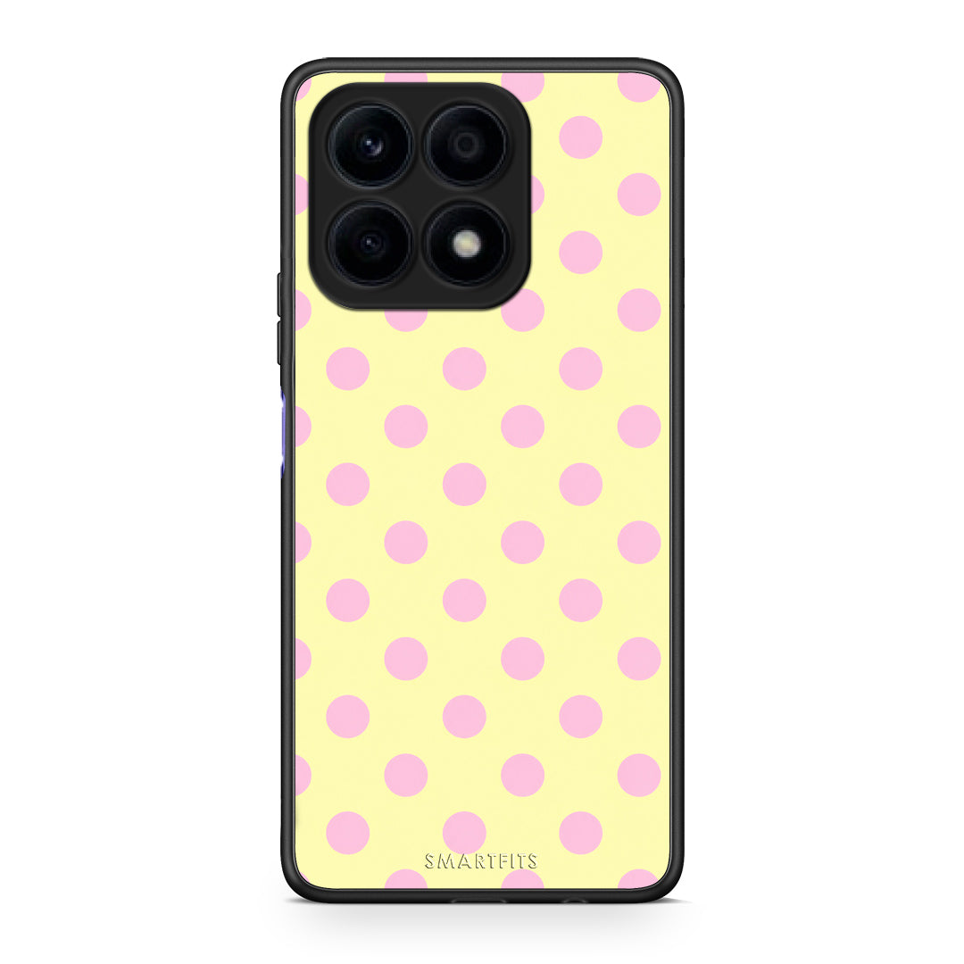 Θήκη Honor X8a Pink Polka Dots on Yellow από τη Smartfits με σχέδιο στο πίσω μέρος και μαύρο περίβλημα | Honor X8a Pink Polka Dots on Yellow case with colorful back and black bezels