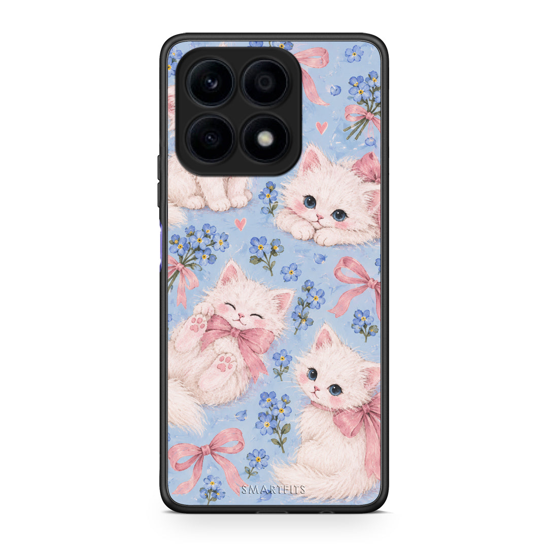Θήκη Honor X8a White Kittens and Blue Flowers Large από τη Smartfits με σχέδιο στο πίσω μέρος και μαύρο περίβλημα | Honor X8a White Kittens and Blue Flowers Large case with colorful back and black bezels