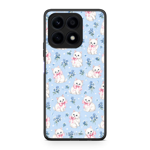 Θήκη Honor X8a White Kittens and Blue Flowers Small από τη Smartfits με σχέδιο στο πίσω μέρος και μαύρο περίβλημα | Honor X8a White Kittens and Blue Flowers Small case with colorful back and black bezels