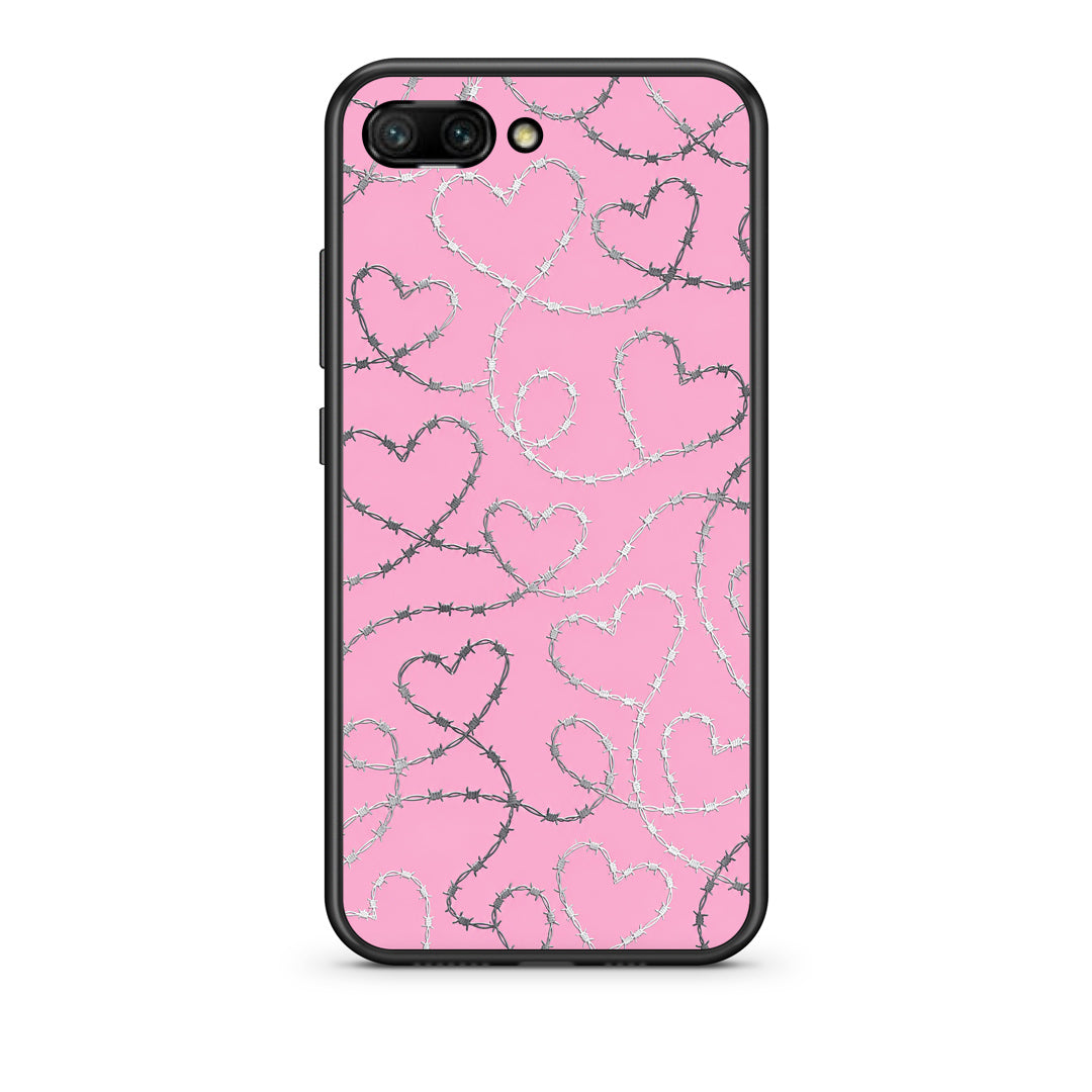 Θήκη Honor 10 Barbed Wire Hearts on Pink από τη Smartfits με σχέδιο στο πίσω μέρος και μαύρο περίβλημα | Honor 10 Barbed Wire Hearts on Pink case with colorful back and black bezels