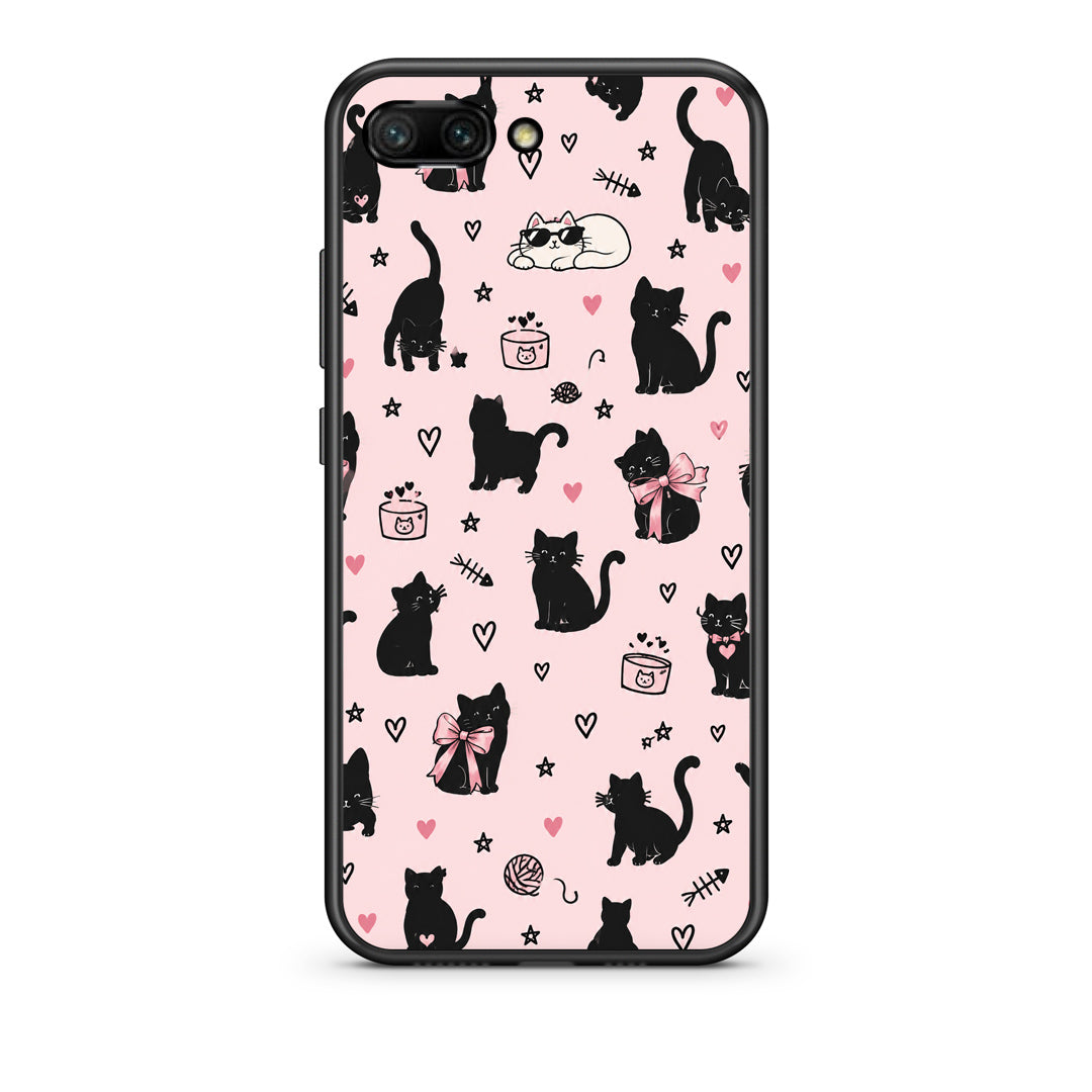 Θήκη Honor 10 Black Cat Doodles on Pink από τη Smartfits με σχέδιο στο πίσω μέρος και μαύρο περίβλημα | Honor 10 Black Cat Doodles on Pink case with colorful back and black bezels
