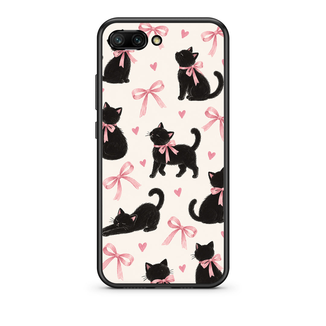 Θήκη Honor 10 Black Kittens and Pink Bows on Cream Large από τη Smartfits με σχέδιο στο πίσω μέρος και μαύρο περίβλημα | Honor 10 Black Kittens and Pink Bows on Cream Large case with colorful back and black bezels