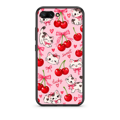 Θήκη Honor 10 Cherries Bows and Kittens on Pink από τη Smartfits με σχέδιο στο πίσω μέρος και μαύρο περίβλημα | Honor 10 Cherries Bows and Kittens on Pink case with colorful back and black bezels
