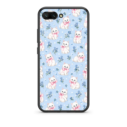Θήκη Honor 10 White Kittens and Blue Flowers Small από τη Smartfits με σχέδιο στο πίσω μέρος και μαύρο περίβλημα | Honor 10 White Kittens and Blue Flowers Small case with colorful back and black bezels