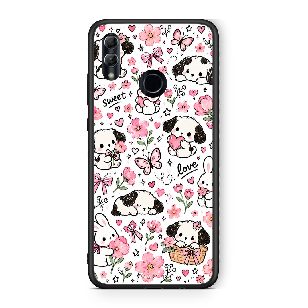 Θήκη Honor 10 Lite Pink Florals Puppies and Bunnies on White από τη Smartfits με σχέδιο στο πίσω μέρος και μαύρο περίβλημα | Honor 10 Lite Pink Florals Puppies and Bunnies on White case with colorful back and black bezels