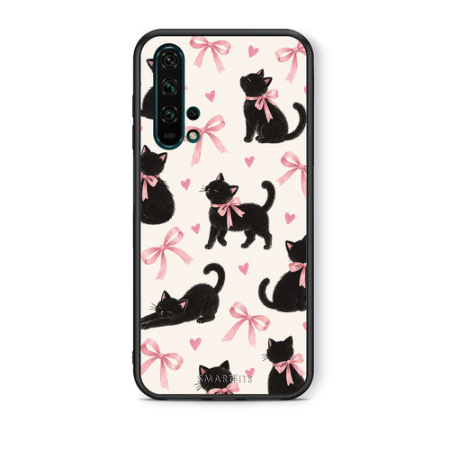 Θήκη Honor 20 Pro Black Kittens and Pink Bows on Cream Large από τη Smartfits με σχέδιο στο πίσω μέρος και μαύρο περίβλημα | Honor 20 Pro Black Kittens and Pink Bows on Cream Large case with colorful back and black bezels