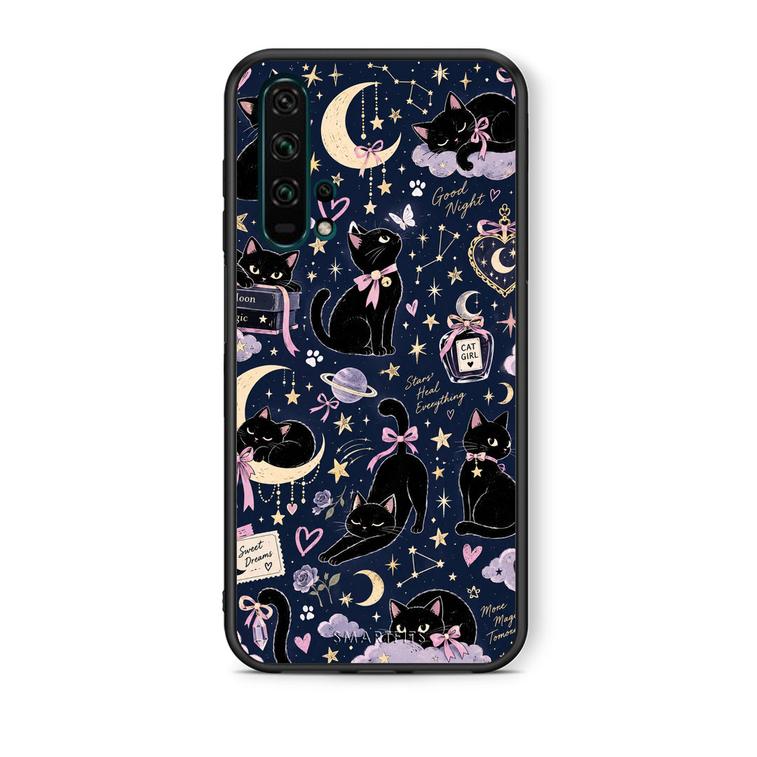 Θήκη Honor 20 Pro Celestial Black Cats on Navy από τη Smartfits με σχέδιο στο πίσω μέρος και μαύρο περίβλημα | Honor 20 Pro Celestial Black Cats on Navy case with colorful back and black bezels