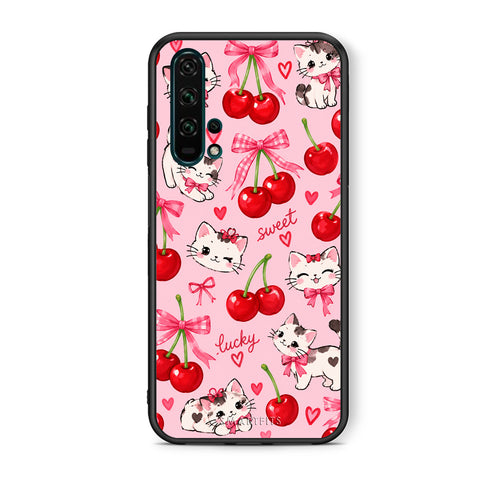 Θήκη Honor 20 Pro Cherries Bows and Kittens on Pink από τη Smartfits με σχέδιο στο πίσω μέρος και μαύρο περίβλημα | Honor 20 Pro Cherries Bows and Kittens on Pink case with colorful back and black bezels