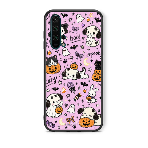 Θήκη Honor 20 Pro Halloween Puppies and Friends on Lilac από τη Smartfits με σχέδιο στο πίσω μέρος και μαύρο περίβλημα | Honor 20 Pro Halloween Puppies and Friends on Lilac case with colorful back and black bezels