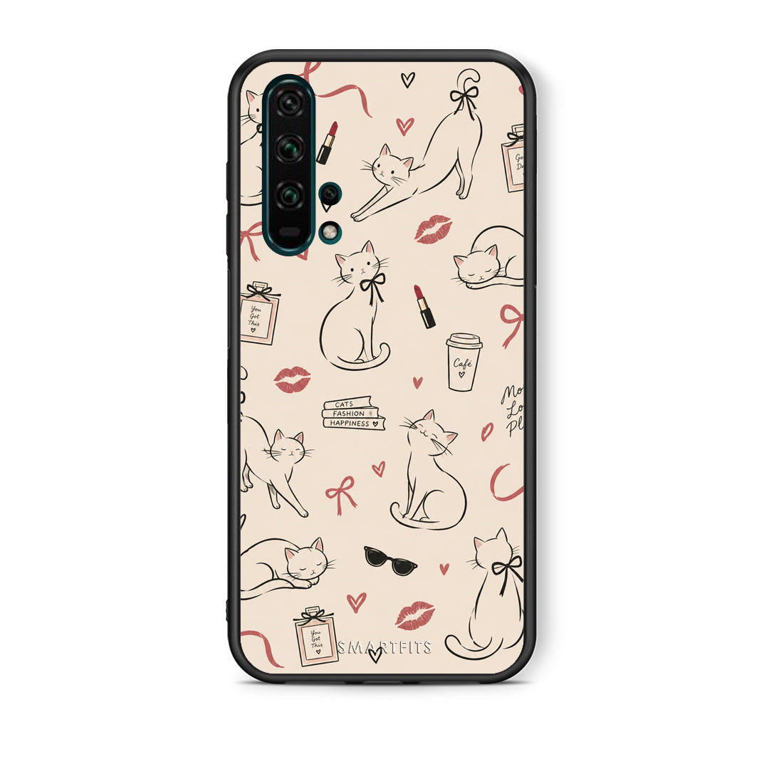 Θήκη Honor 20 Pro Minimal Cat and Fashion Doodles on Cream από τη Smartfits με σχέδιο στο πίσω μέρος και μαύρο περίβλημα | Honor 20 Pro Minimal Cat and Fashion Doodles on Cream case with colorful back and black bezels