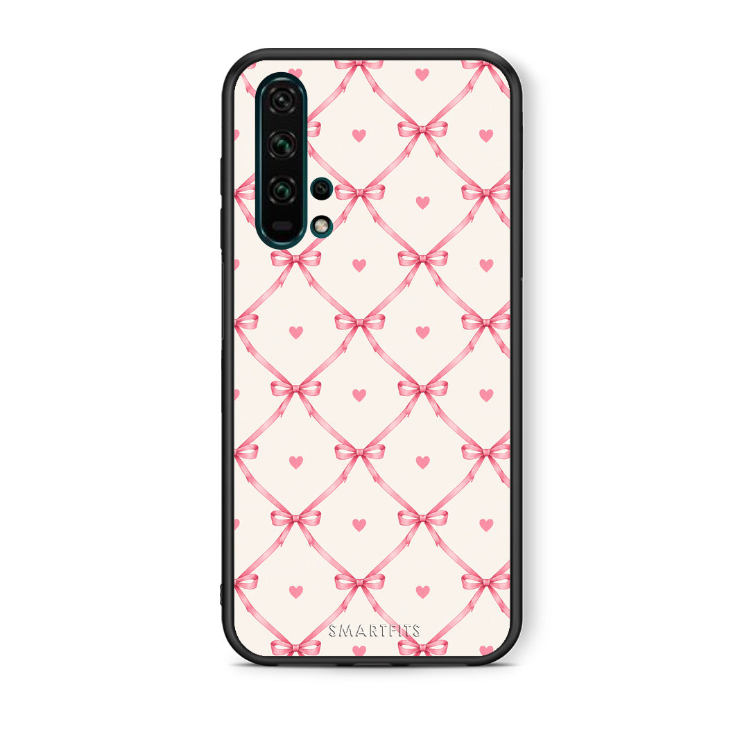 Θήκη Honor 20 Pro Pink Bow Lattice and Hearts on Cream από τη Smartfits με σχέδιο στο πίσω μέρος και μαύρο περίβλημα | Honor 20 Pro Pink Bow Lattice and Hearts on Cream case with colorful back and black bezels