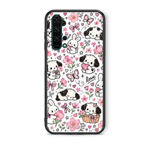 Θήκη Honor 20 Pro Pink Florals Puppies and Bunnies on White από τη Smartfits με σχέδιο στο πίσω μέρος και μαύρο περίβλημα | Honor 20 Pro Pink Florals Puppies and Bunnies on White case with colorful back and black bezels