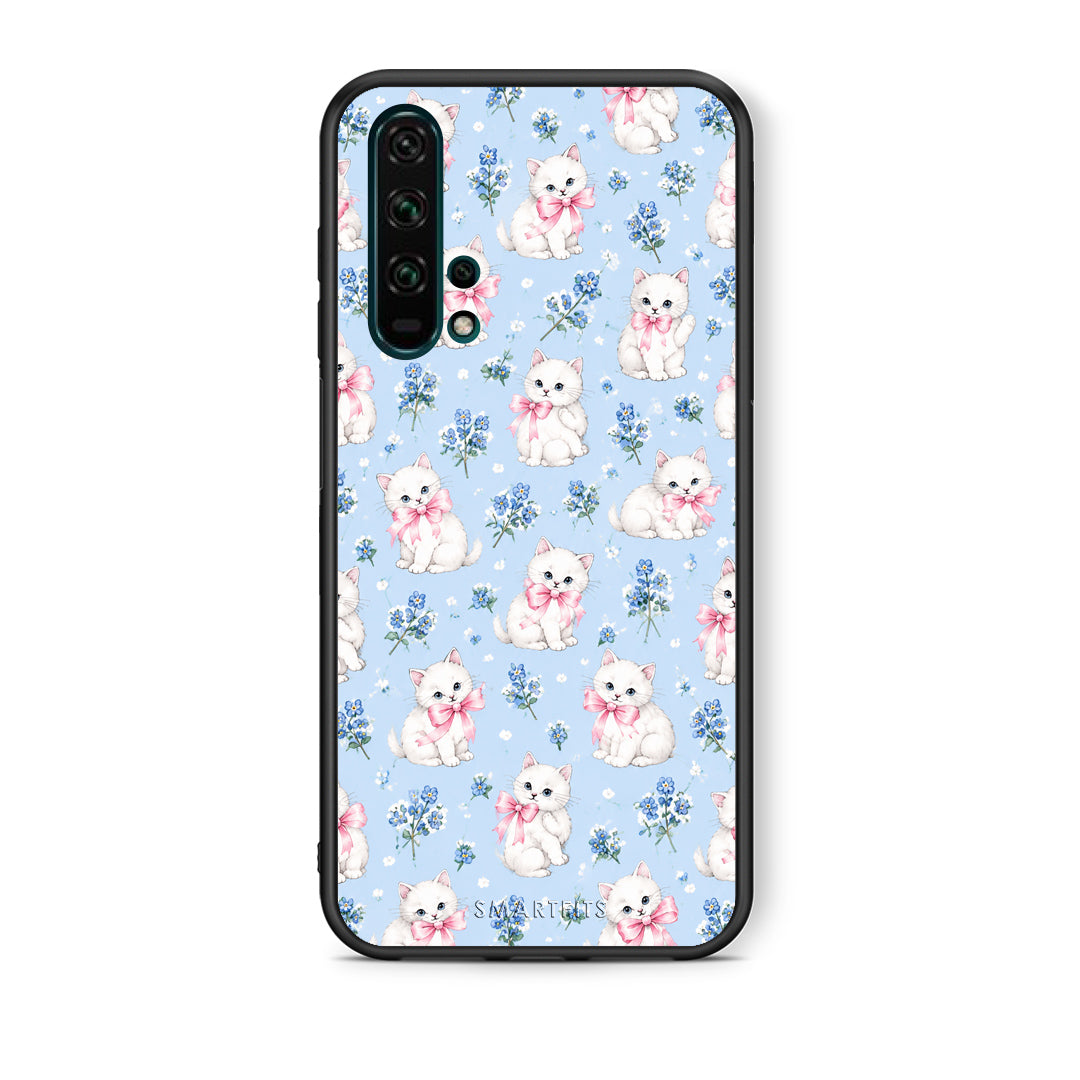 Θήκη Honor 20 Pro White Kittens and Blue Flowers Small από τη Smartfits με σχέδιο στο πίσω μέρος και μαύρο περίβλημα | Honor 20 Pro White Kittens and Blue Flowers Small case with colorful back and black bezels