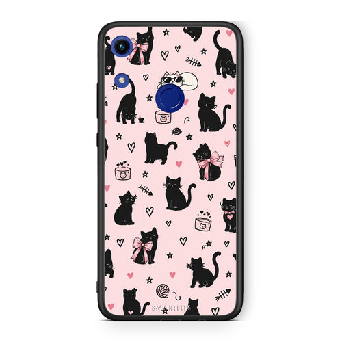 Θήκη Honor 8A Black Cat Doodles on Pink από τη Smartfits με σχέδιο στο πίσω μέρος και μαύρο περίβλημα | Honor 8A Black Cat Doodles on Pink case with colorful back and black bezels