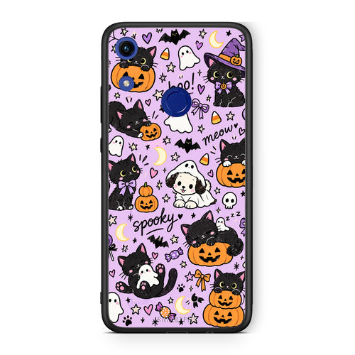 Θήκη Honor 8A Halloween Black Cats on Lilac από τη Smartfits με σχέδιο στο πίσω μέρος και μαύρο περίβλημα | Honor 8A Halloween Black Cats on Lilac case with colorful back and black bezels