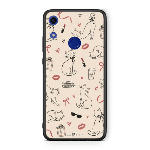 Θήκη Honor 8A Minimal Cat and Fashion Doodles on Cream από τη Smartfits με σχέδιο στο πίσω μέρος και μαύρο περίβλημα | Honor 8A Minimal Cat and Fashion Doodles on Cream case with colorful back and black bezels