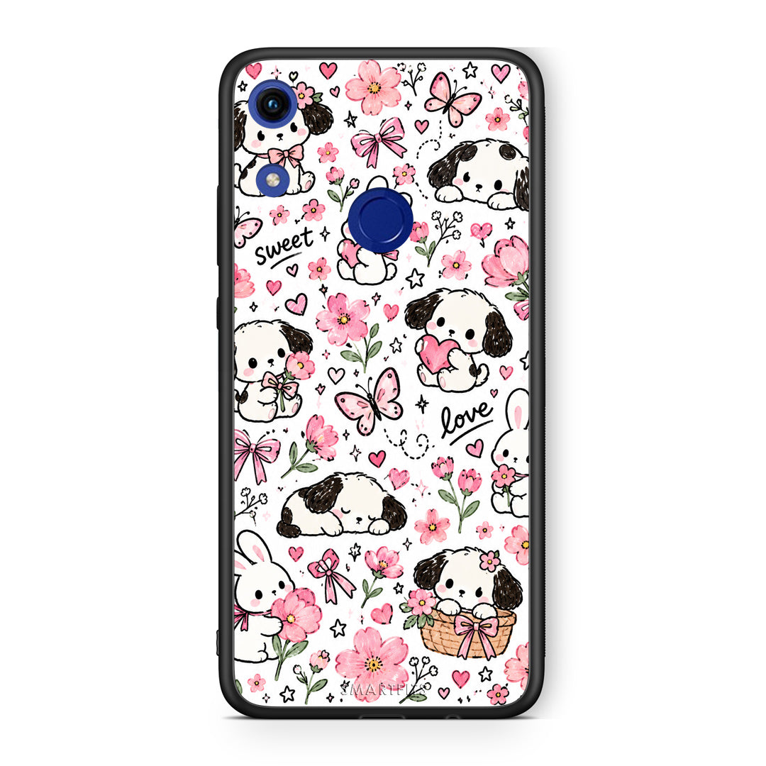 Θήκη Honor 8A Pink Florals Puppies and Bunnies on White από τη Smartfits με σχέδιο στο πίσω μέρος και μαύρο περίβλημα | Honor 8A Pink Florals Puppies and Bunnies on White case with colorful back and black bezels