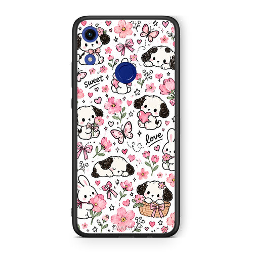 Θήκη Honor 8A Pink Florals Puppies and Bunnies on White από τη Smartfits με σχέδιο στο πίσω μέρος και μαύρο περίβλημα | Honor 8A Pink Florals Puppies and Bunnies on White case with colorful back and black bezels