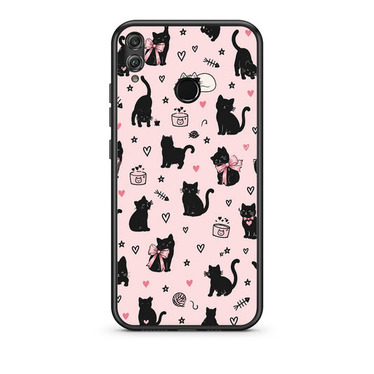 Θήκη Honor 8x Black Cat Doodles on Pink από τη Smartfits με σχέδιο στο πίσω μέρος και μαύρο περίβλημα | Honor 8x Black Cat Doodles on Pink case with colorful back and black bezels