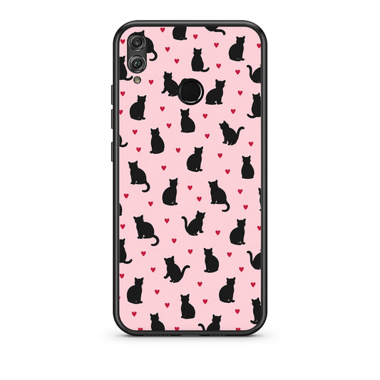 Θήκη Honor 8x Black Cat Silhouettes and Hearts on Pink από τη Smartfits με σχέδιο στο πίσω μέρος και μαύρο περίβλημα | Honor 8x Black Cat Silhouettes and Hearts on Pink case with colorful back and black bezels
