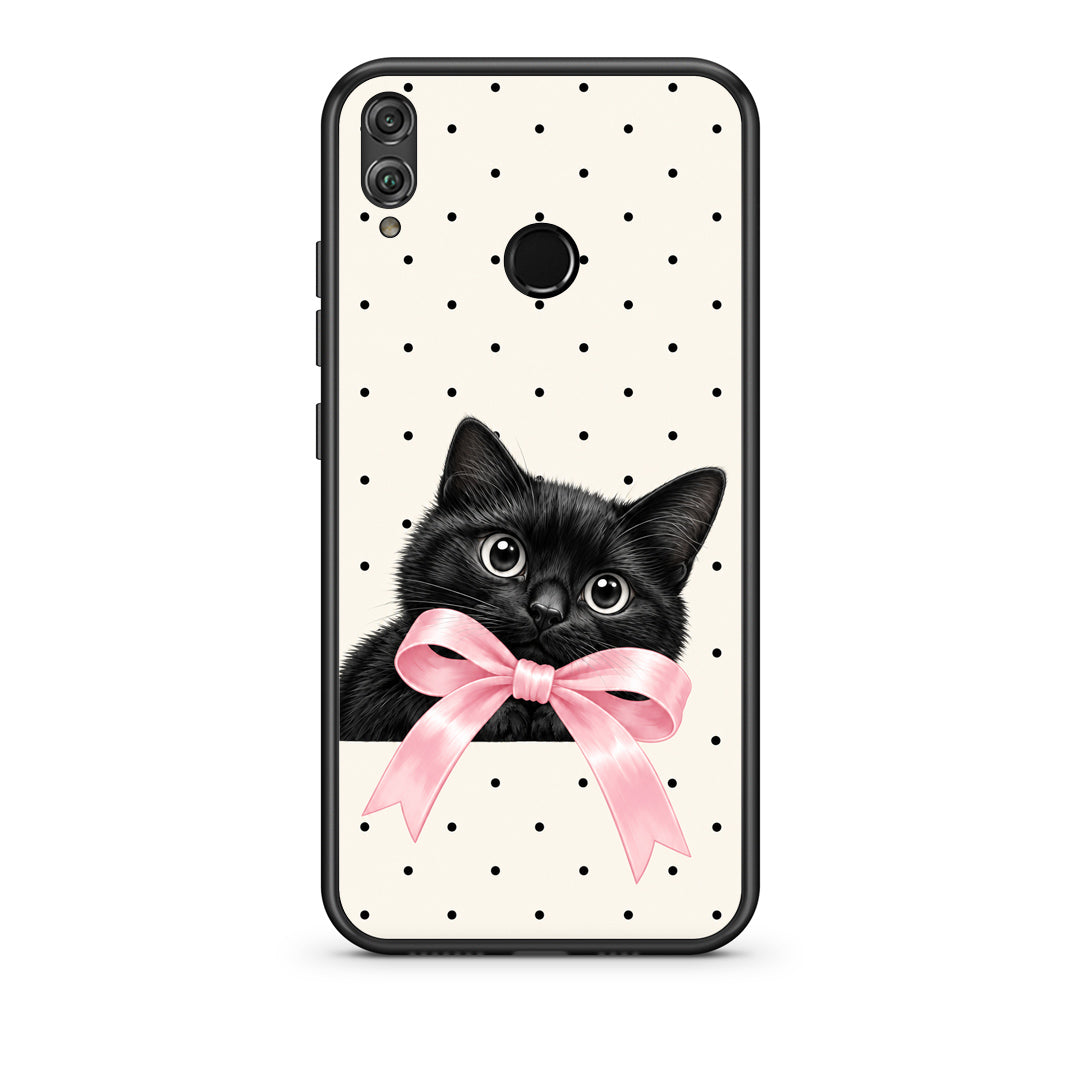 Θήκη Honor 8x Black Kitten Pink Bow and Polka Dots από τη Smartfits με σχέδιο στο πίσω μέρος και μαύρο περίβλημα | Honor 8x Black Kitten Pink Bow and Polka Dots case with colorful back and black bezels