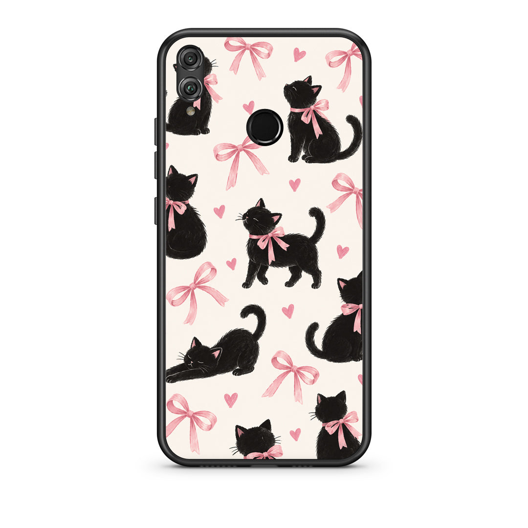 Θήκη Honor 8x Black Kittens and Pink Bows on Cream Large από τη Smartfits με σχέδιο στο πίσω μέρος και μαύρο περίβλημα | Honor 8x Black Kittens and Pink Bows on Cream Large case with colorful back and black bezels