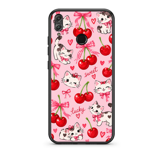 Θήκη Honor 8x Cherries Bows and Kittens on Pink από τη Smartfits με σχέδιο στο πίσω μέρος και μαύρο περίβλημα | Honor 8x Cherries Bows and Kittens on Pink case with colorful back and black bezels