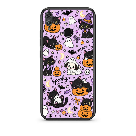 Θήκη Honor 8x Halloween Black Cats on Lilac από τη Smartfits με σχέδιο στο πίσω μέρος και μαύρο περίβλημα | Honor 8x Halloween Black Cats on Lilac case with colorful back and black bezels