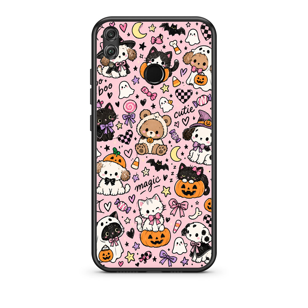 Θήκη Honor 8x Halloween Cute Animals on Pink από τη Smartfits με σχέδιο στο πίσω μέρος και μαύρο περίβλημα | Honor 8x Halloween Cute Animals on Pink case with colorful back and black bezels