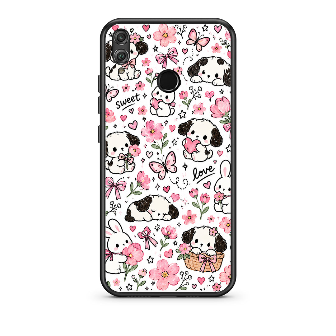 Θήκη Honor 8x Pink Florals Puppies and Bunnies on White από τη Smartfits με σχέδιο στο πίσω μέρος και μαύρο περίβλημα | Honor 8x Pink Florals Puppies and Bunnies on White case with colorful back and black bezels