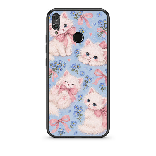 Θήκη Honor 8x White Kittens and Blue Flowers Large από τη Smartfits με σχέδιο στο πίσω μέρος και μαύρο περίβλημα | Honor 8x White Kittens and Blue Flowers Large case with colorful back and black bezels