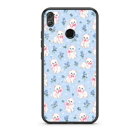 Θήκη Honor 8x White Kittens and Blue Flowers Small από τη Smartfits με σχέδιο στο πίσω μέρος και μαύρο περίβλημα | Honor 8x White Kittens and Blue Flowers Small case with colorful back and black bezels
