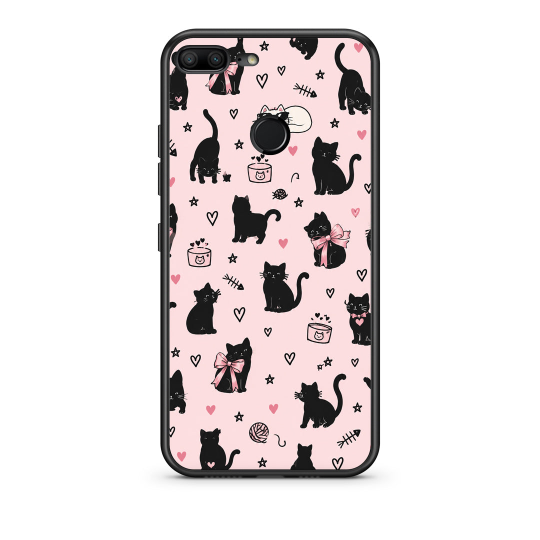 Θήκη Honor 9 Lite Black Cat Doodles on Pink από τη Smartfits με σχέδιο στο πίσω μέρος και μαύρο περίβλημα | Honor 9 Lite Black Cat Doodles on Pink case with colorful back and black bezels