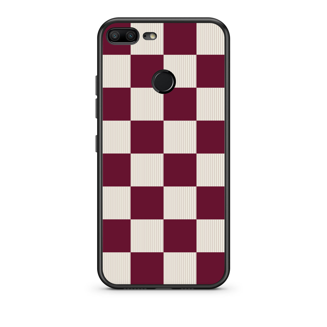 Θήκη Honor 9 Lite Burgundy and Cream Striped Checks από τη Smartfits με σχέδιο στο πίσω μέρος και μαύρο περίβλημα | Honor 9 Lite Burgundy and Cream Striped Checks case with colorful back and black bezels