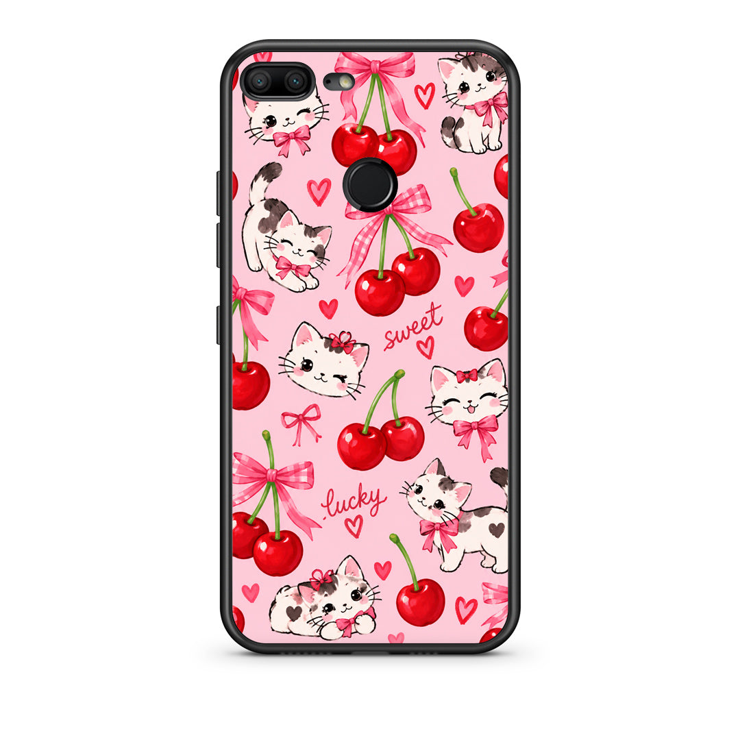 Θήκη Honor 9 Lite Cherries Bows and Kittens on Pink από τη Smartfits με σχέδιο στο πίσω μέρος και μαύρο περίβλημα | Honor 9 Lite Cherries Bows and Kittens on Pink case with colorful back and black bezels