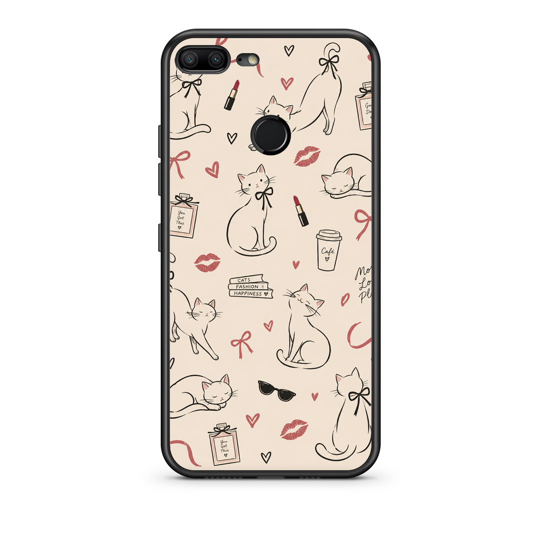Θήκη Honor 9 Lite Minimal Cat and Fashion Doodles on Cream από τη Smartfits με σχέδιο στο πίσω μέρος και μαύρο περίβλημα | Honor 9 Lite Minimal Cat and Fashion Doodles on Cream case with colorful back and black bezels
