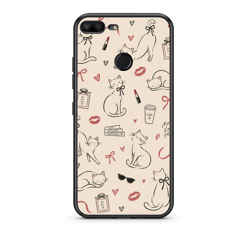 Θήκη Honor 9 Lite Minimal Cat and Fashion Doodles on Cream από τη Smartfits με σχέδιο στο πίσω μέρος και μαύρο περίβλημα | Honor 9 Lite Minimal Cat and Fashion Doodles on Cream case with colorful back and black bezels