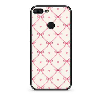 Θήκη Honor 9 Lite Pink Bow Lattice and Hearts on Cream από τη Smartfits με σχέδιο στο πίσω μέρος και μαύρο περίβλημα | Honor 9 Lite Pink Bow Lattice and Hearts on Cream case with colorful back and black bezels