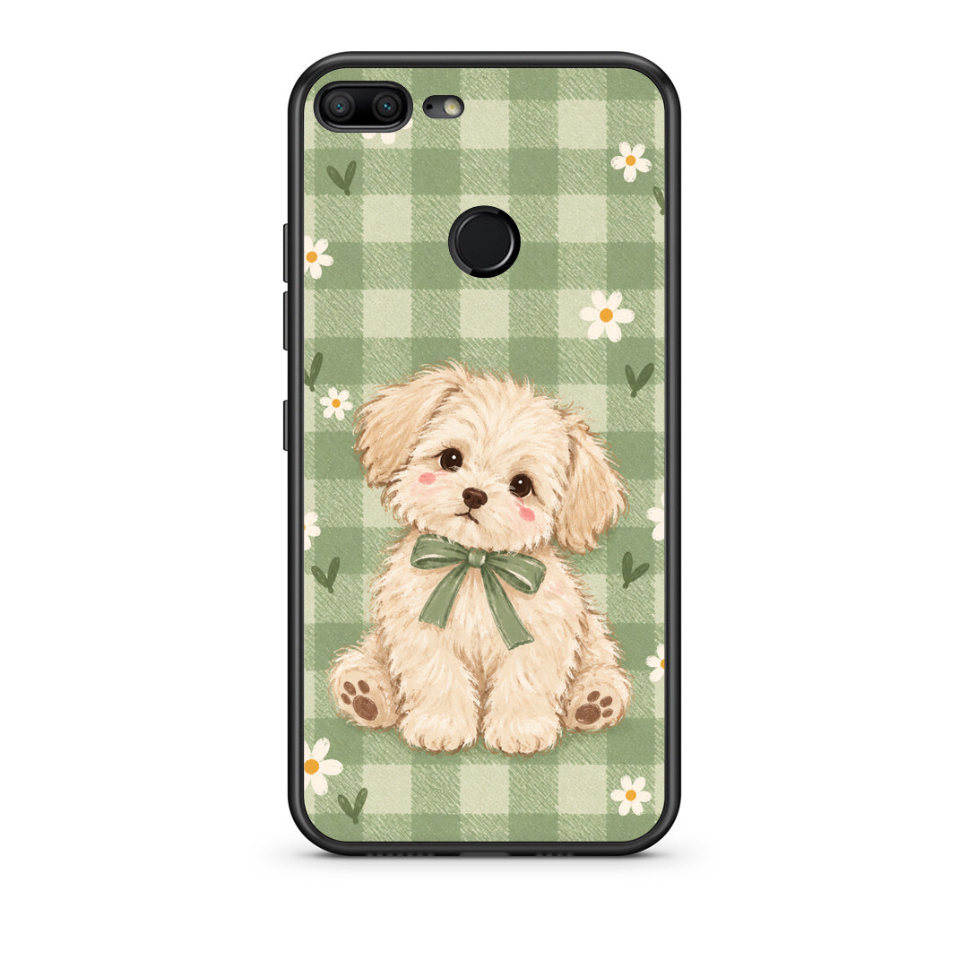 Θήκη Honor 9 Lite Puppy and Daisies on Sage Gingham από τη Smartfits με σχέδιο στο πίσω μέρος και μαύρο περίβλημα | Honor 9 Lite Puppy and Daisies on Sage Gingham case with colorful back and black bezels