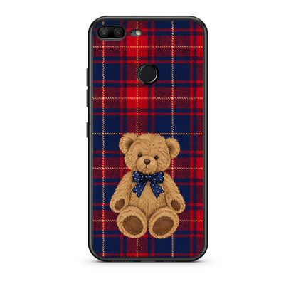 Θήκη Honor 9 Lite Teddy Bear on Red and Navy Tartan από τη Smartfits με σχέδιο στο πίσω μέρος και μαύρο περίβλημα | Honor 9 Lite Teddy Bear on Red and Navy Tartan case with colorful back and black bezels