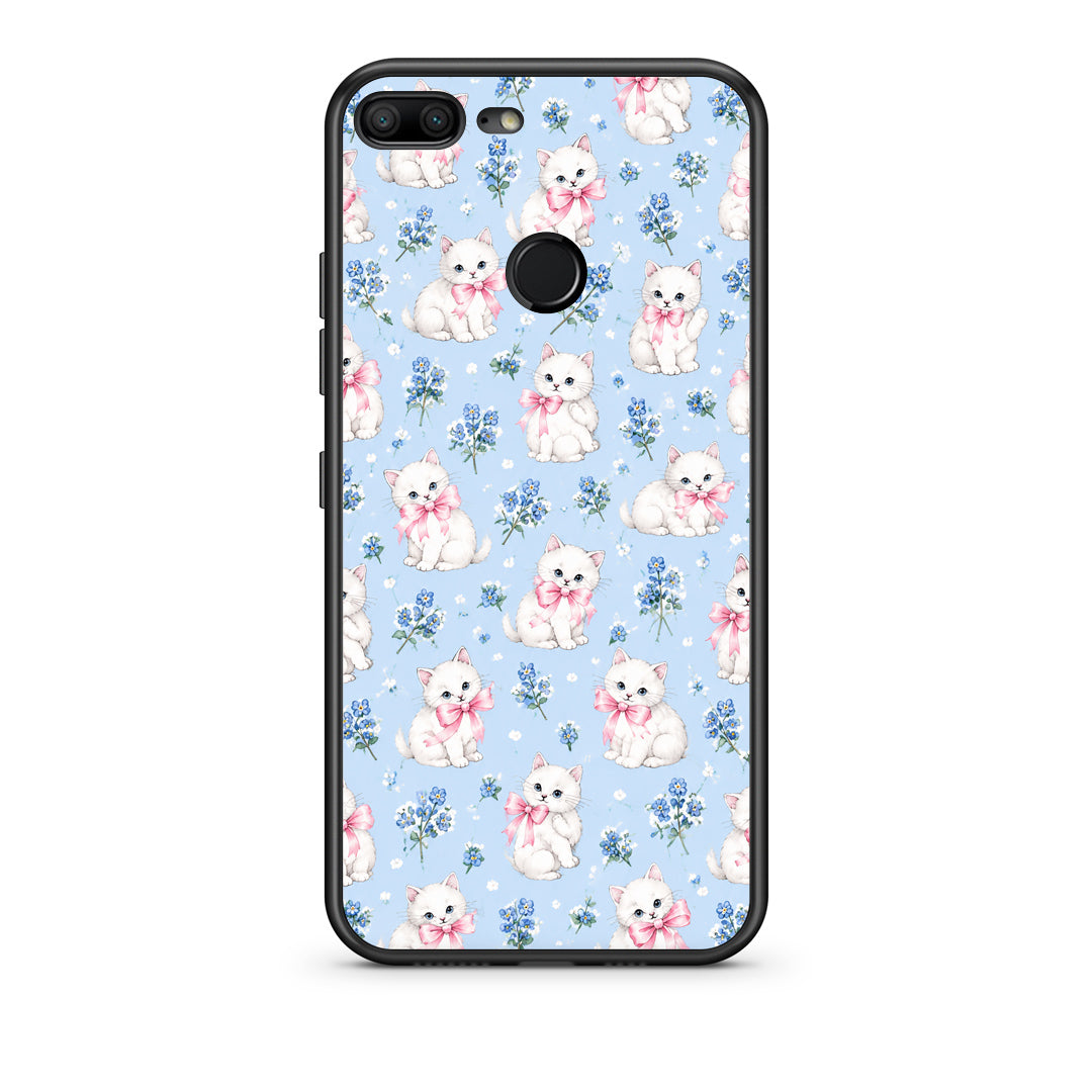 Θήκη Honor 9 Lite White Kittens and Blue Flowers Small από τη Smartfits με σχέδιο στο πίσω μέρος και μαύρο περίβλημα | Honor 9 Lite White Kittens and Blue Flowers Small case with colorful back and black bezels