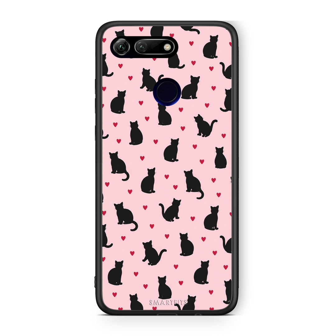 Θήκη Honor View 20 Black Cat Silhouettes and Hearts on Pink από τη Smartfits με σχέδιο στο πίσω μέρος και μαύρο περίβλημα | Honor View 20 Black Cat Silhouettes and Hearts on Pink case with colorful back and black bezels