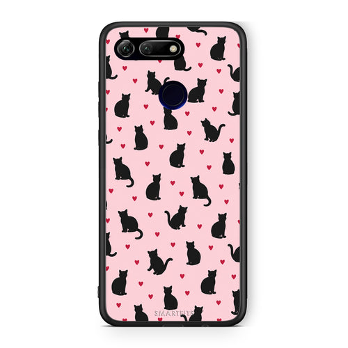 Θήκη Honor View 20 Black Cat Silhouettes and Hearts on Pink από τη Smartfits με σχέδιο στο πίσω μέρος και μαύρο περίβλημα | Honor View 20 Black Cat Silhouettes and Hearts on Pink case with colorful back and black bezels
