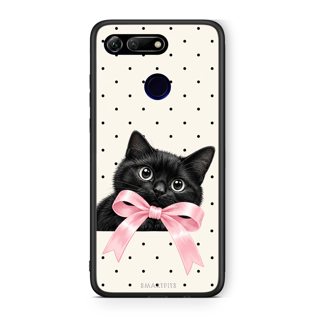 Θήκη Honor View 20 Black Kitten Pink Bow and Polka Dots από τη Smartfits με σχέδιο στο πίσω μέρος και μαύρο περίβλημα | Honor View 20 Black Kitten Pink Bow and Polka Dots case with colorful back and black bezels