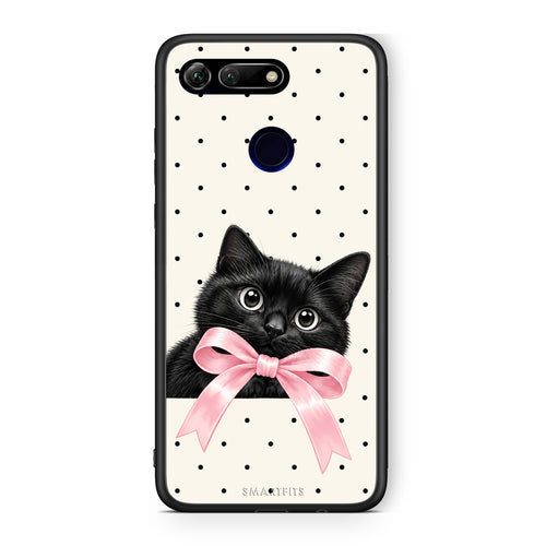 Θήκη Honor View 20 Black Kitten Pink Bow and Polka Dots από τη Smartfits με σχέδιο στο πίσω μέρος και μαύρο περίβλημα | Honor View 20 Black Kitten Pink Bow and Polka Dots case with colorful back and black bezels