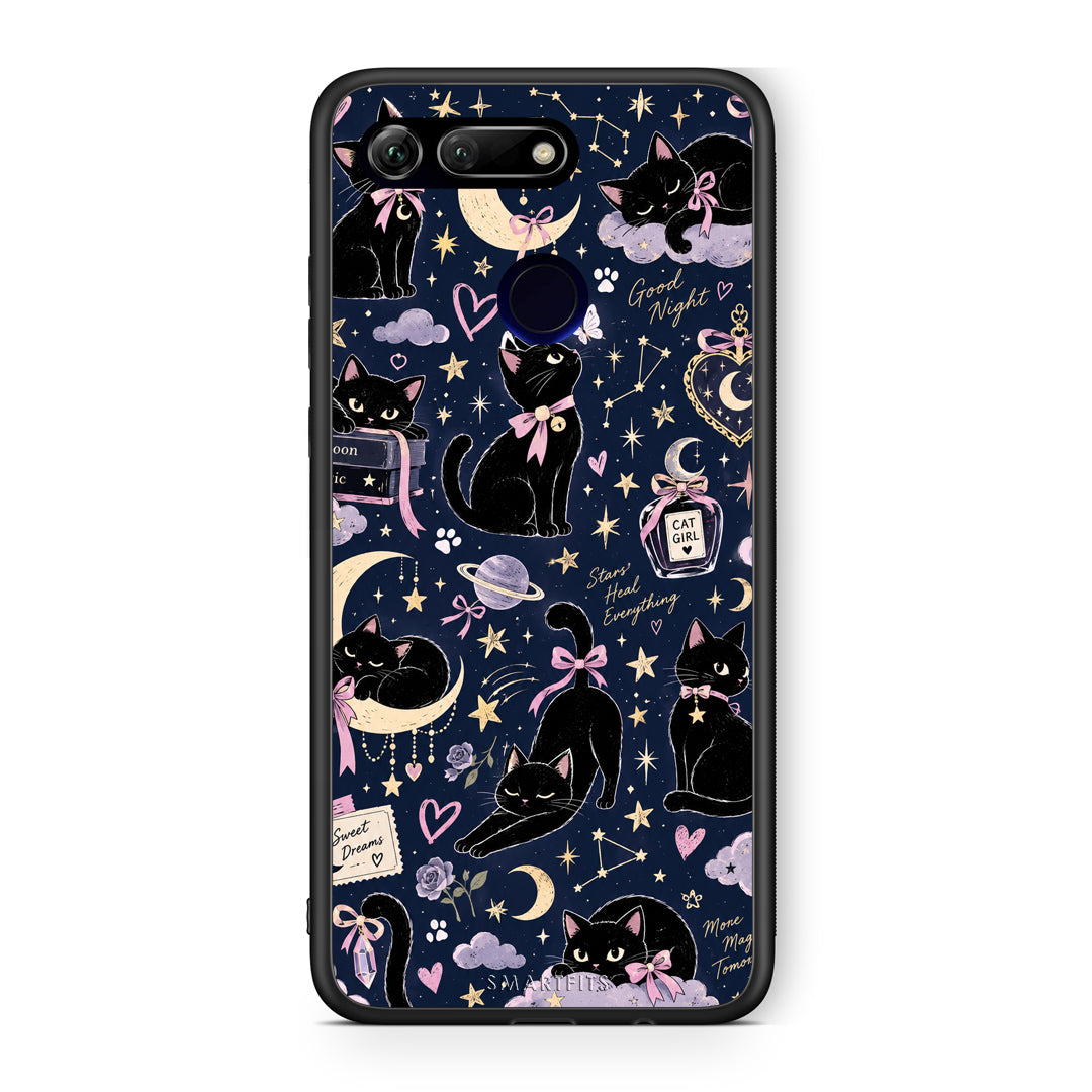 Θήκη Honor View 20 Celestial Black Cats on Navy από τη Smartfits με σχέδιο στο πίσω μέρος και μαύρο περίβλημα | Honor View 20 Celestial Black Cats on Navy case with colorful back and black bezels