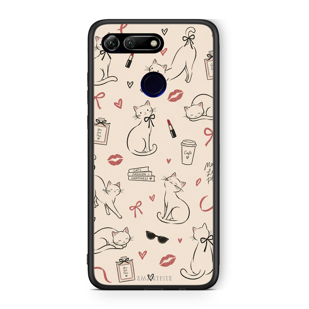 Θήκη Honor View 20 Minimal Cat and Fashion Doodles on Cream από τη Smartfits με σχέδιο στο πίσω μέρος και μαύρο περίβλημα | Honor View 20 Minimal Cat and Fashion Doodles on Cream case with colorful back and black bezels