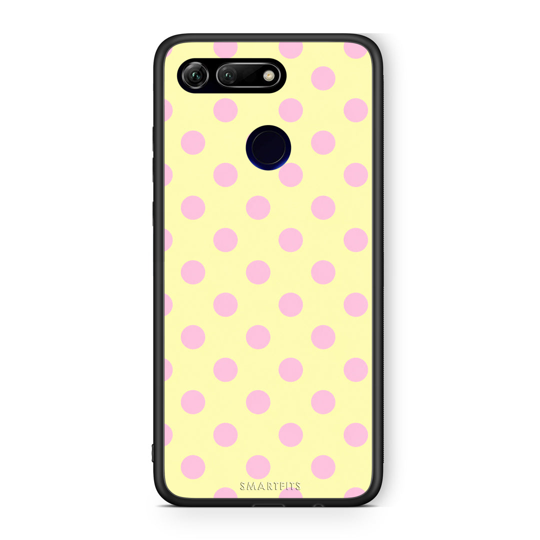 Θήκη Honor View 20 Pink Polka Dots on Yellow από τη Smartfits με σχέδιο στο πίσω μέρος και μαύρο περίβλημα | Honor View 20 Pink Polka Dots on Yellow case with colorful back and black bezels