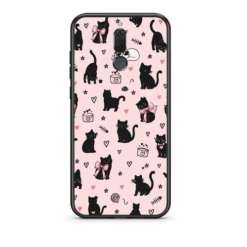 Θήκη Huawei Mate 10 Lite Black Cat Doodles on Pink από τη Smartfits με σχέδιο στο πίσω μέρος και μαύρο περίβλημα | Huawei Mate 10 Lite Black Cat Doodles on Pink case with colorful back and black bezels